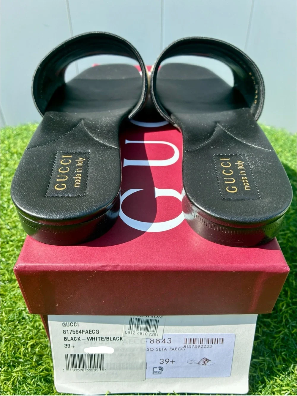 GUCCI JANE EMBROIDERED LOGO BLACK IVORY JACQUARD LEATHER SANDALS SZ 39.5 NEW